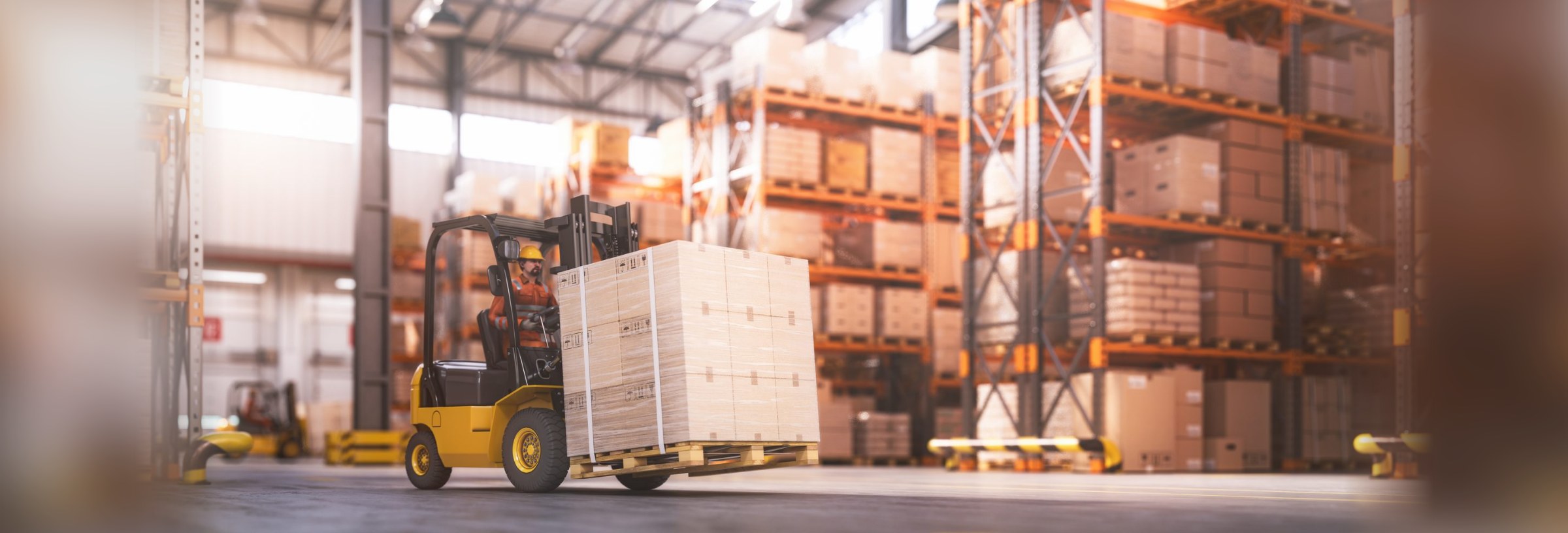 A forklift carrying a shrink-wrapped pallet of boxes down the aisle of a large warehouse.